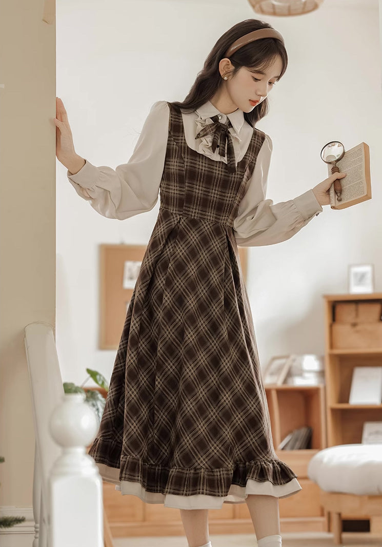 Hazel Plaid Twofer Midi Dress (Brown)