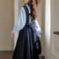 Corduroy Suede Midi Pinafore Dress & Blouse Set (Navy)