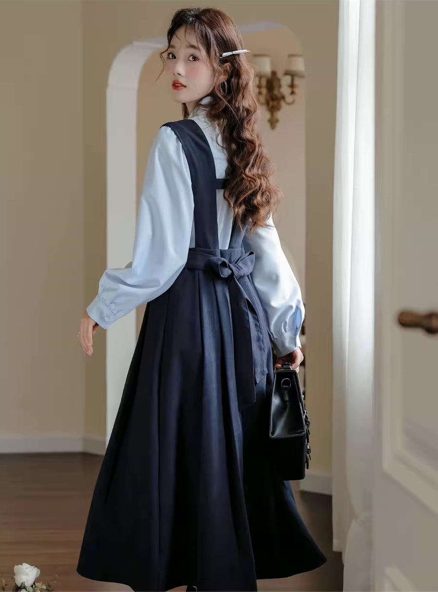 Corduroy Suede Midi Pinafore Dress & Blouse Set (Navy)