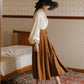 Classic Belted Button Midi Skirt (Brown)