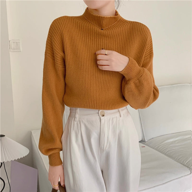 Balloon Sleeve Ribbed Sweater (4 Colors)