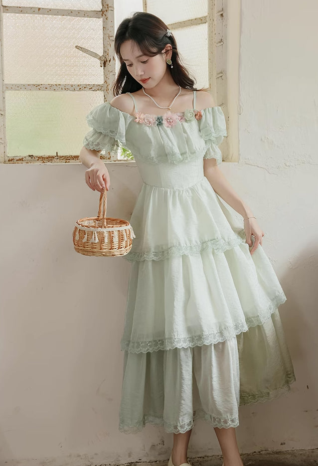 Garden Fairy Tiered Cold Shoulder Midi Dress (Mint Green)