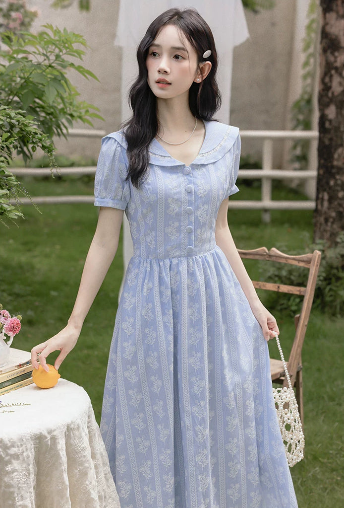 Floral Stripe Midi Dress (Blue)