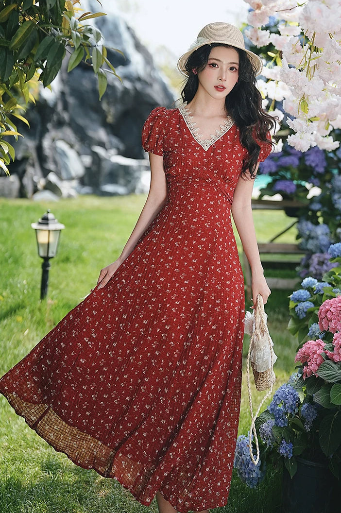 Ditsy Floral Maxi Dress (Red)