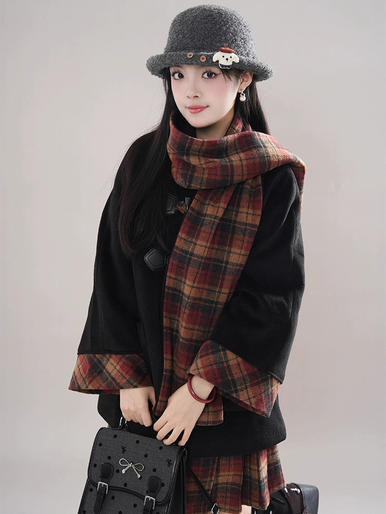 Bookshop Plaid Toggle Jacket & Skirt Set (Black)