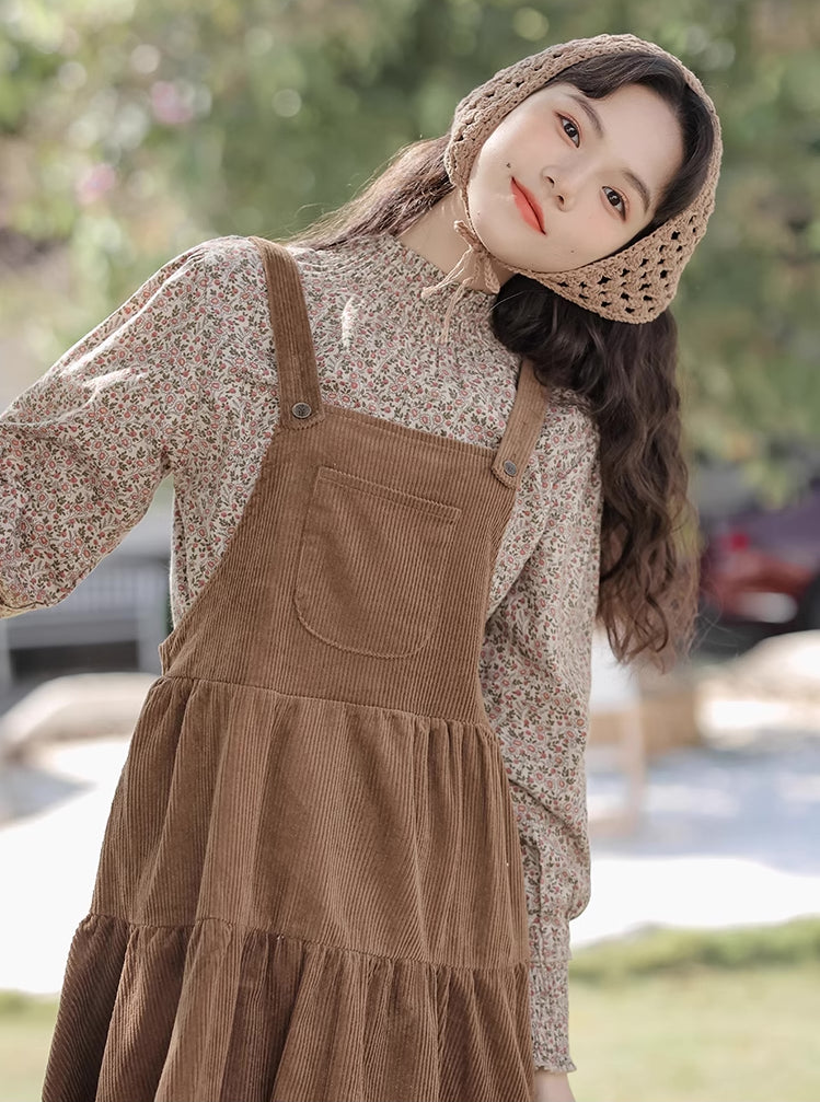Tiered Corduroy Pinafore Dress & Blouse (Brown)