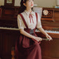 Short Sleeve Crepe Suspender Skirt Set (Maroon)