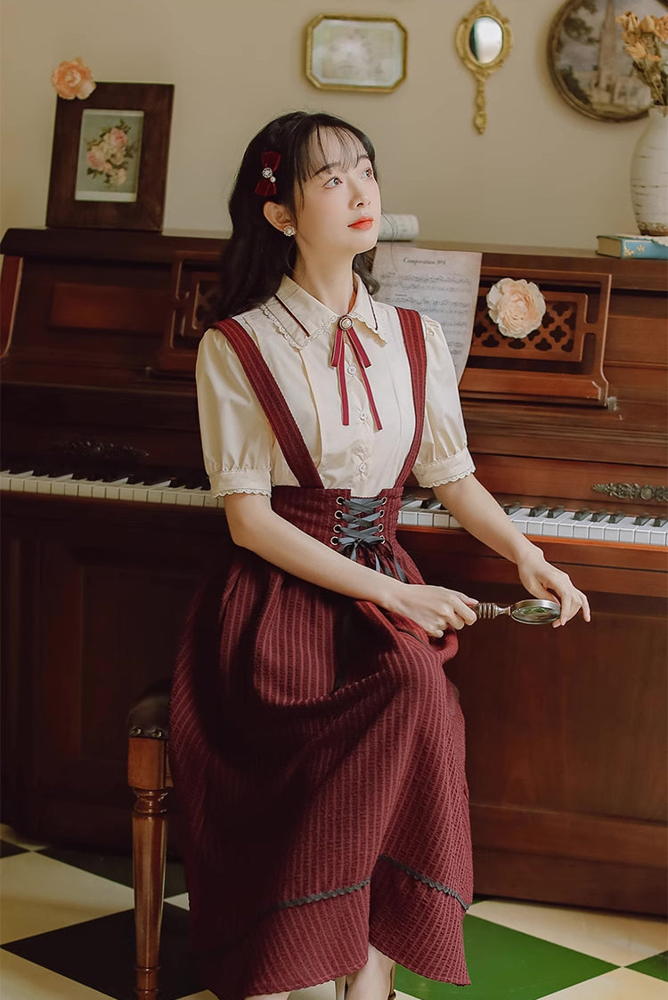 Short Sleeve Crepe Suspender Skirt Set (Maroon)