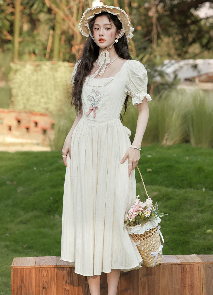 Cottage Flower Midi Dress (Cream)