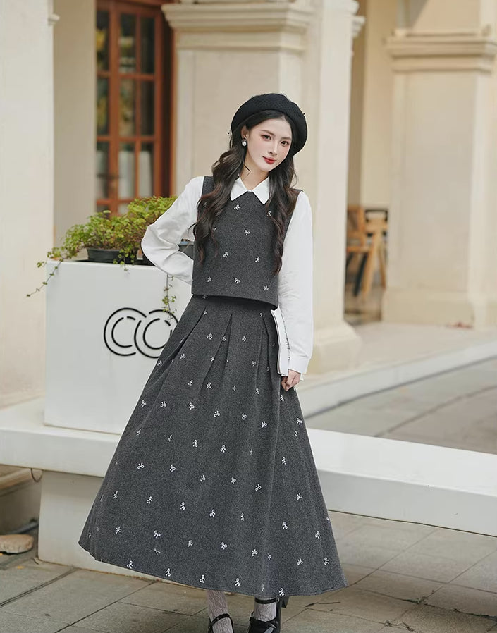 Preppy Bows Vest & Skirt Set (Grey)