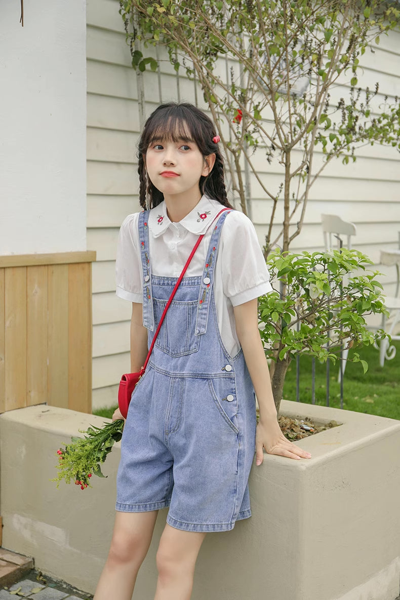 Rosy Days Embroidered Short Overalls (Light Denim)