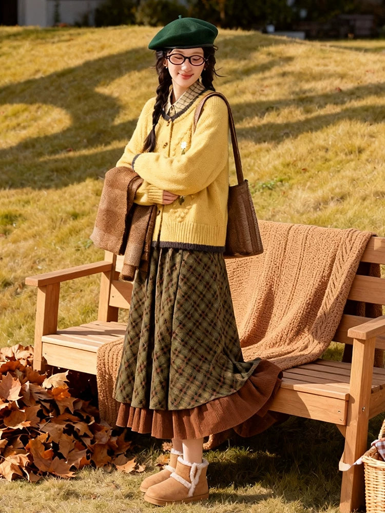 Willow Plaid Pleated Midi Skirt (Green/Brown)