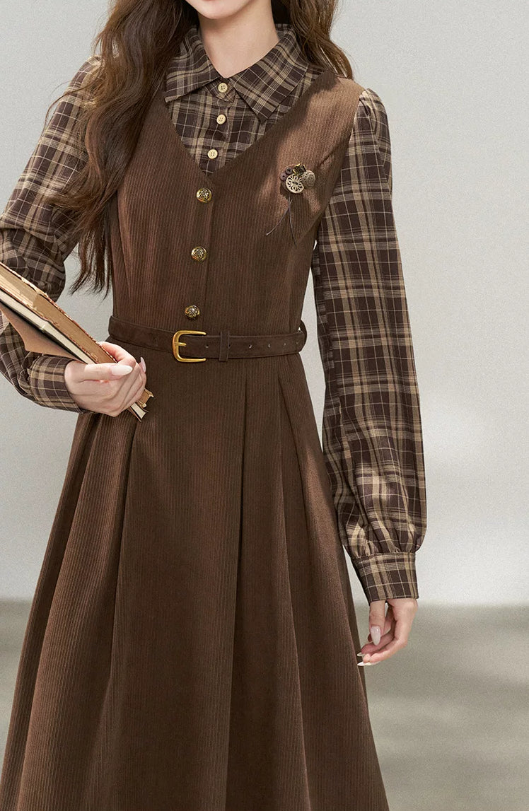 Chocolate Plaid Corduroy Twofer Midi Dress (Brown)
