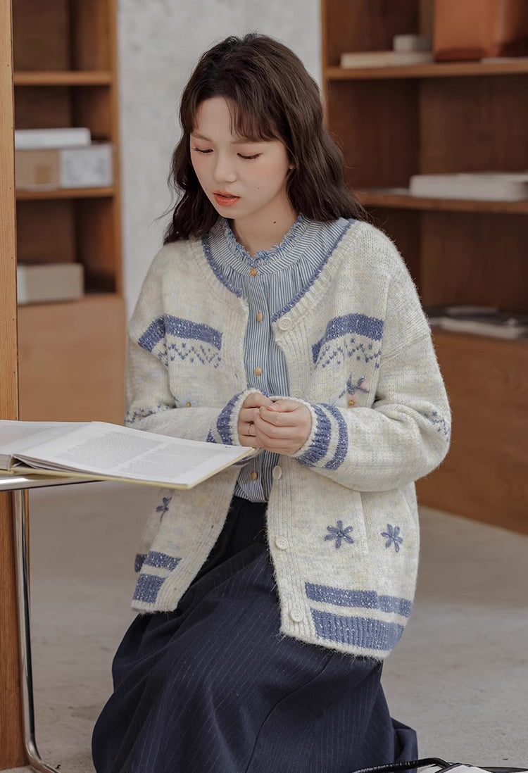 Embroidered Floral Fair Isle Cardigan (Off-White)