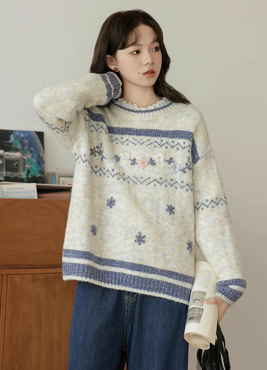 Embroidered Floral Fair Isle Sweater (Off-White)