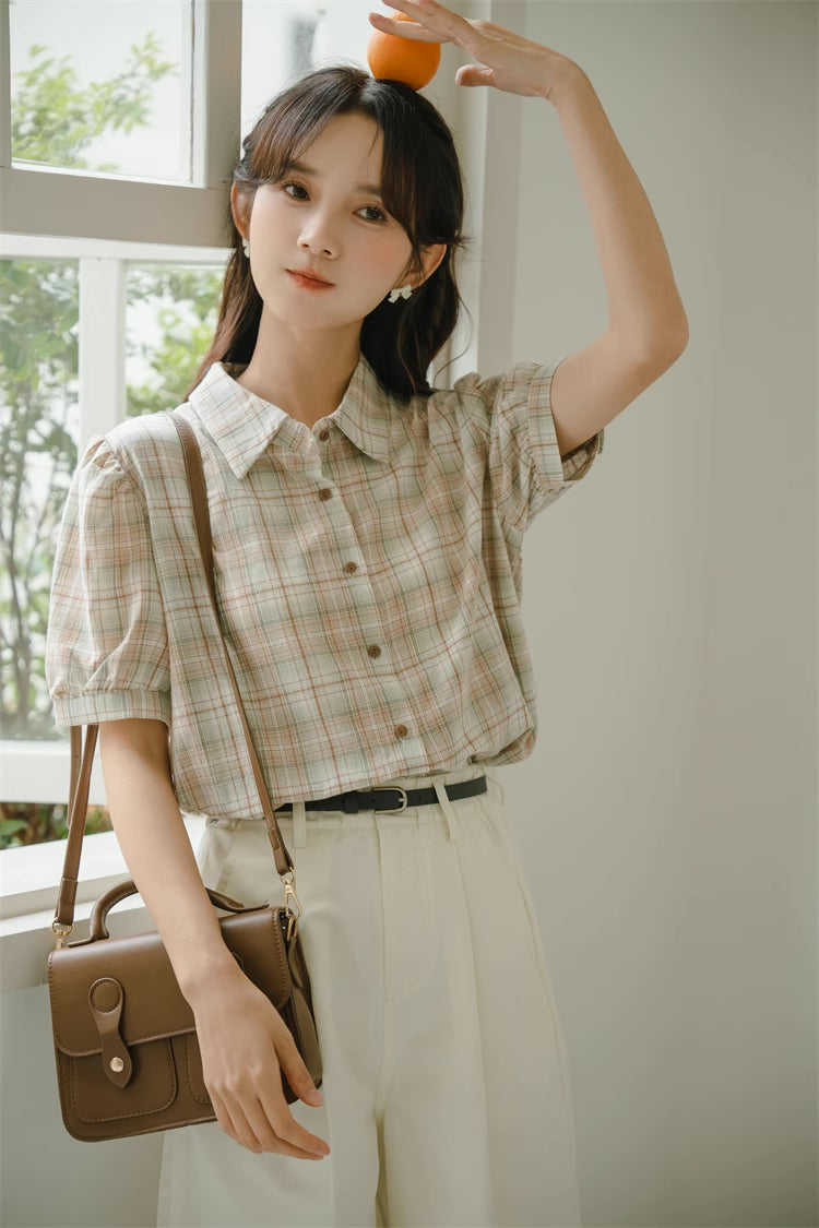 Strawberry Matcha Plaid Blouse (2 Colors)