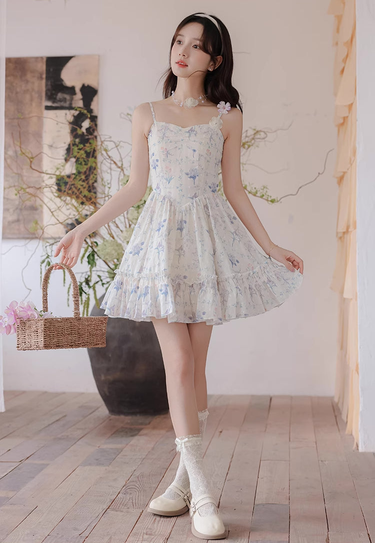 Sweet Floral Mini Dress (White/Purple)