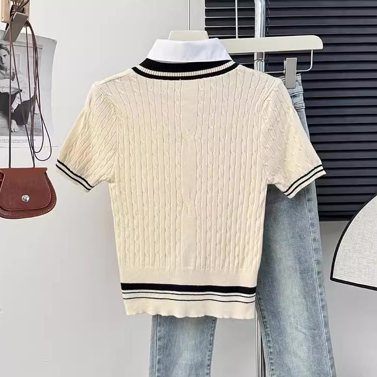 Knitted Polo Cropped Twofer Blouse (5 Colors)