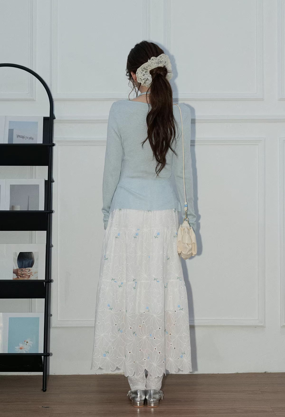 Flower Punch Midi Skirt (White/Blue)