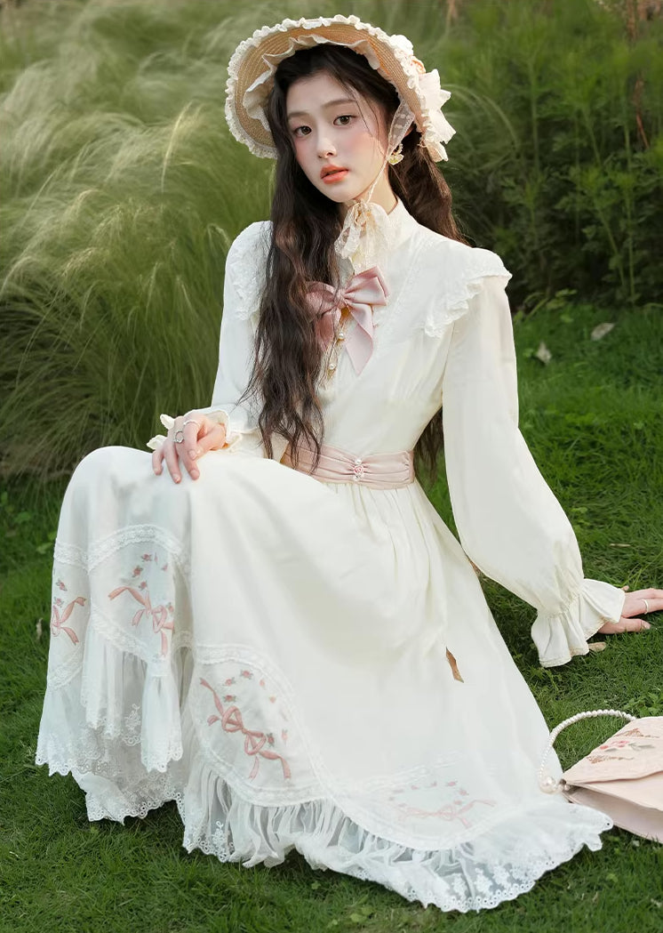 Rosy Bows Midi Dress (White)