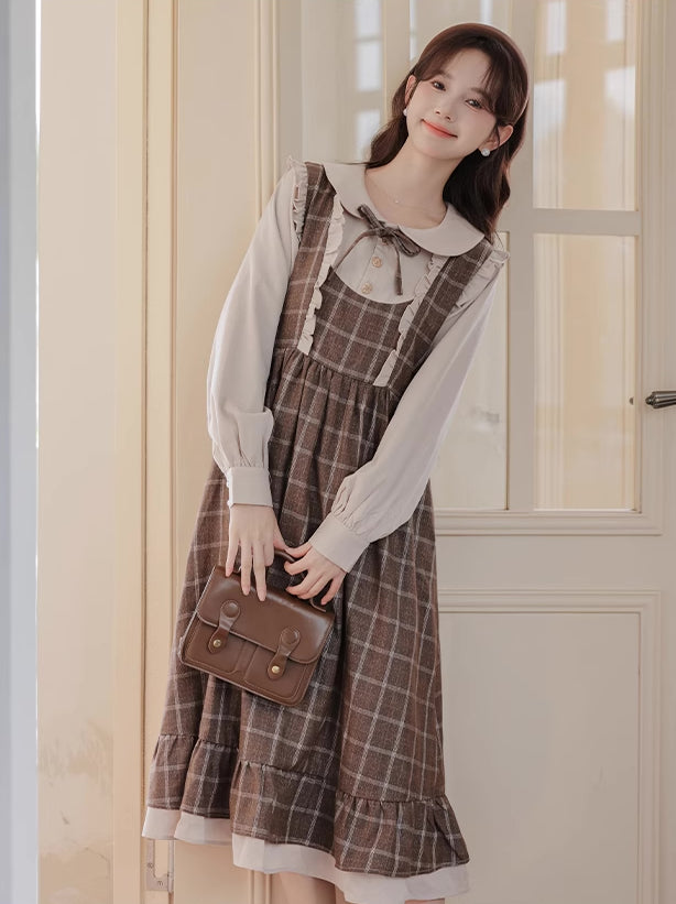 Cocoa Plaid Twofer Midi Dress (Khaki)