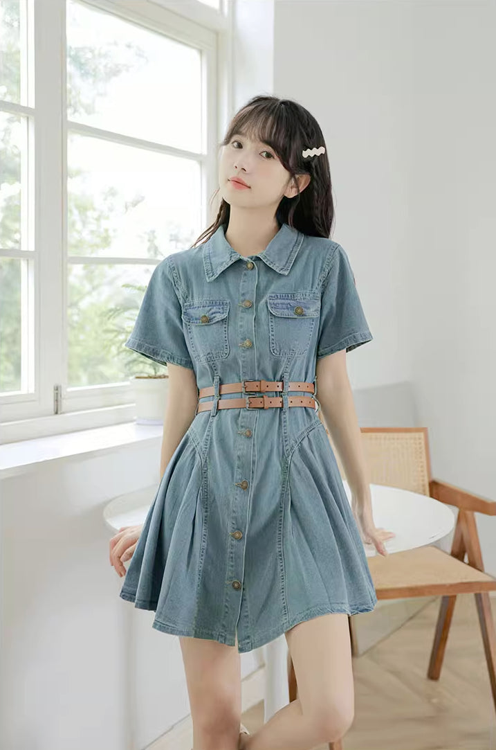 Button Up Denim Mini Dress (Medium Blue)