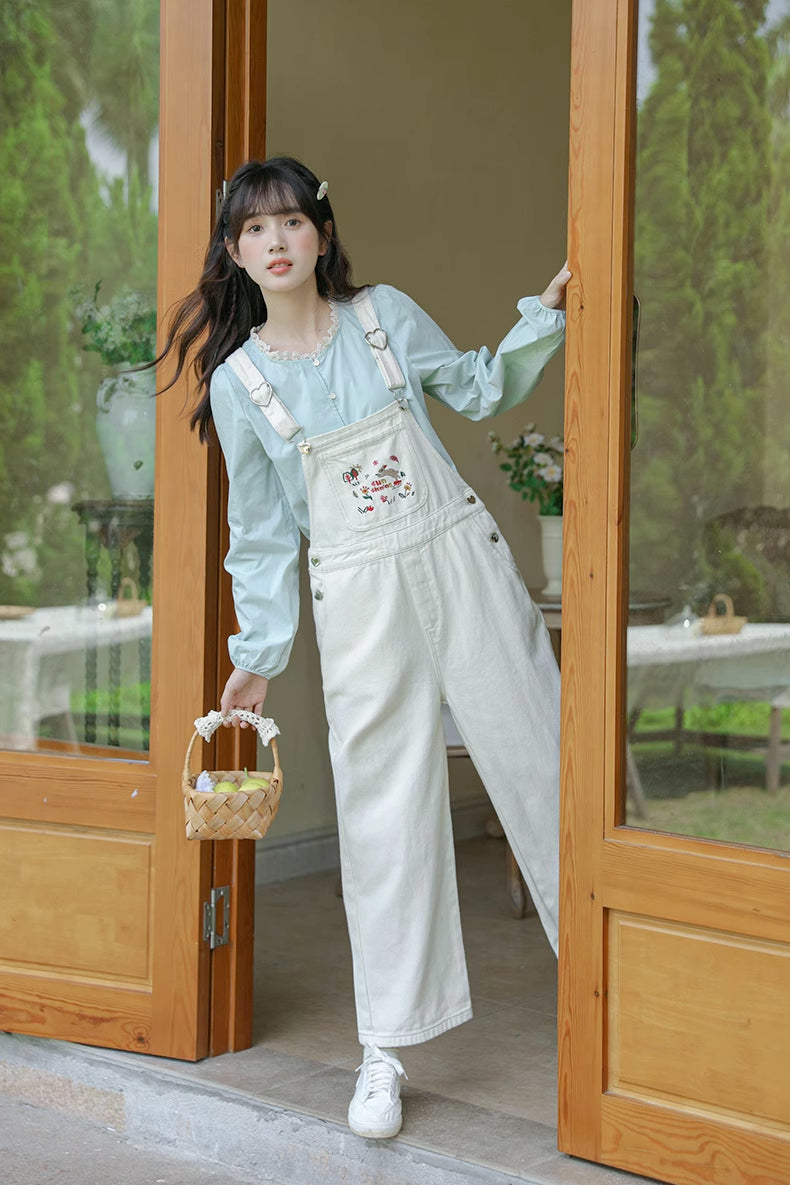 Sun Shining Embroidered Overalls (White)