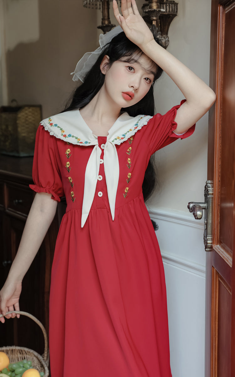 Floral Embroidered Sailor Midi Dress (Red)