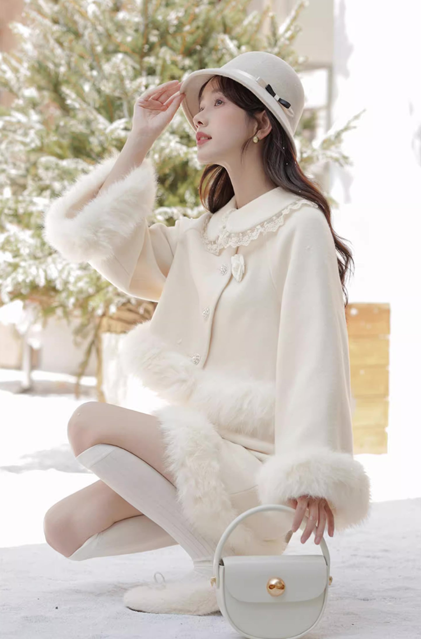 Fuzzy Snow Puff Tweed Set (Cream)