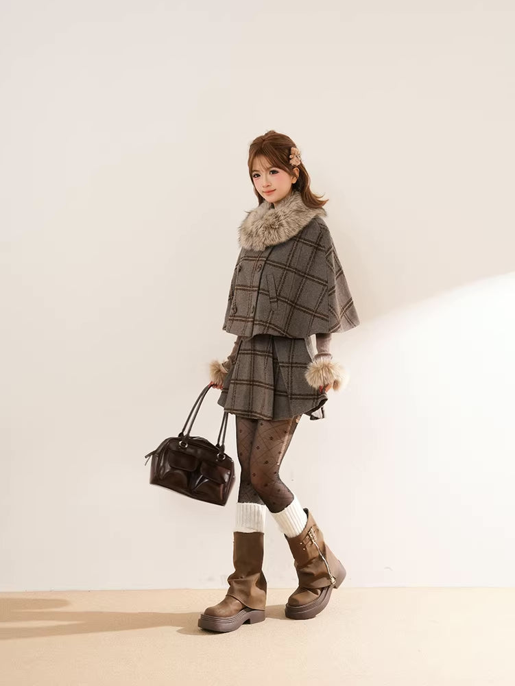 Library Plaid Capelet & Mini Skirt Set (Grey)