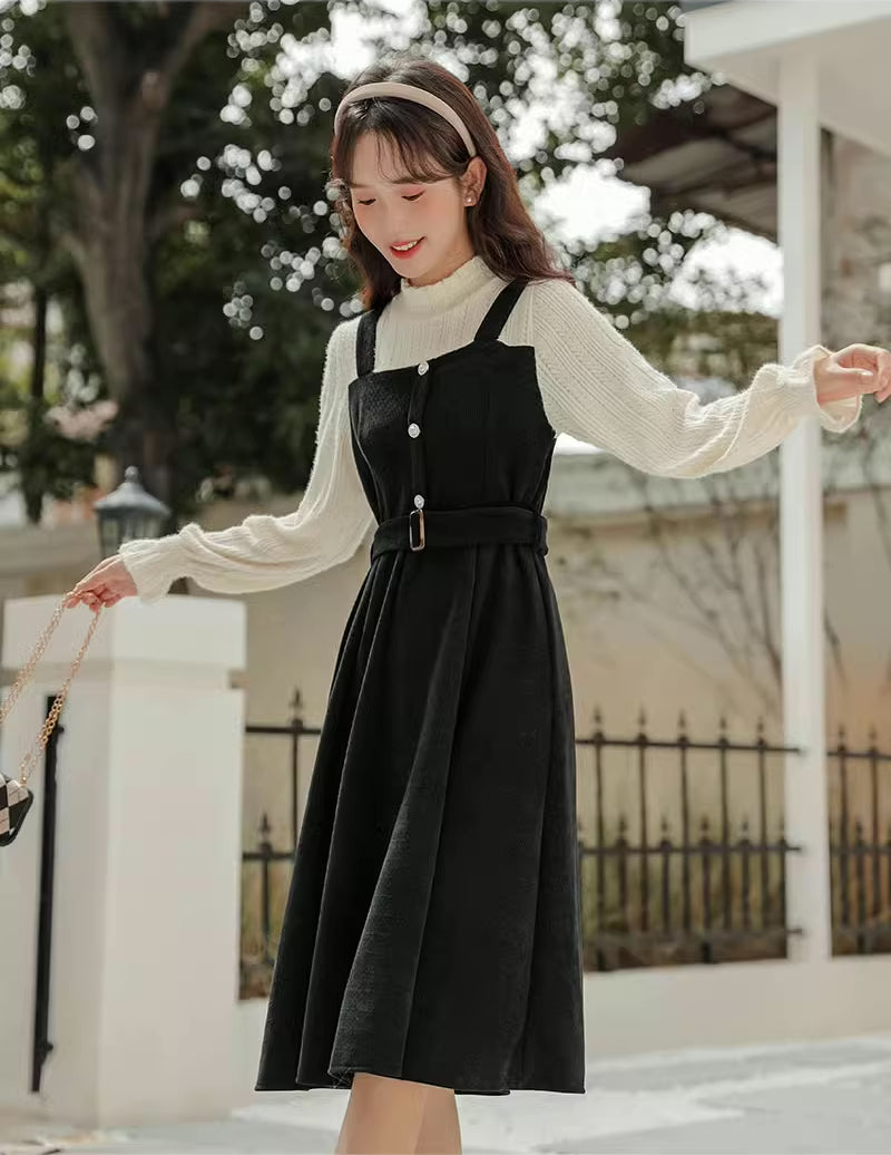 Corduroy Knit Belted Twofer Midi Dress (2 Colors) Black / XL