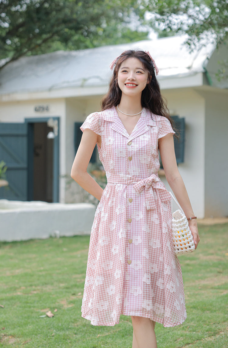 Gingham Daisy Shirt Dress (Pink)