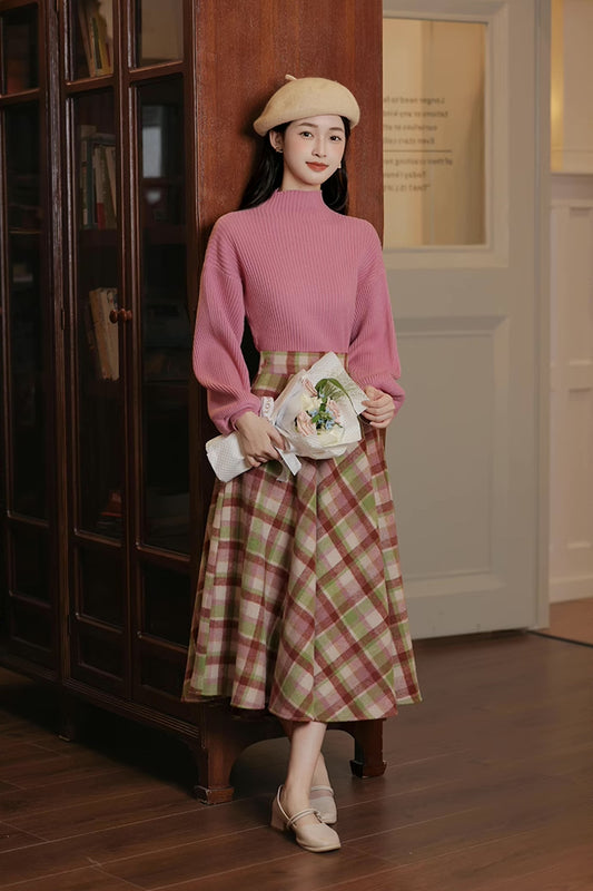 Strawberry Matcha Sweater & Midi Skirt Set (Pink/Green)