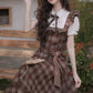 Hazel Plaid Flutter Twofer Midi Dress (Brown)