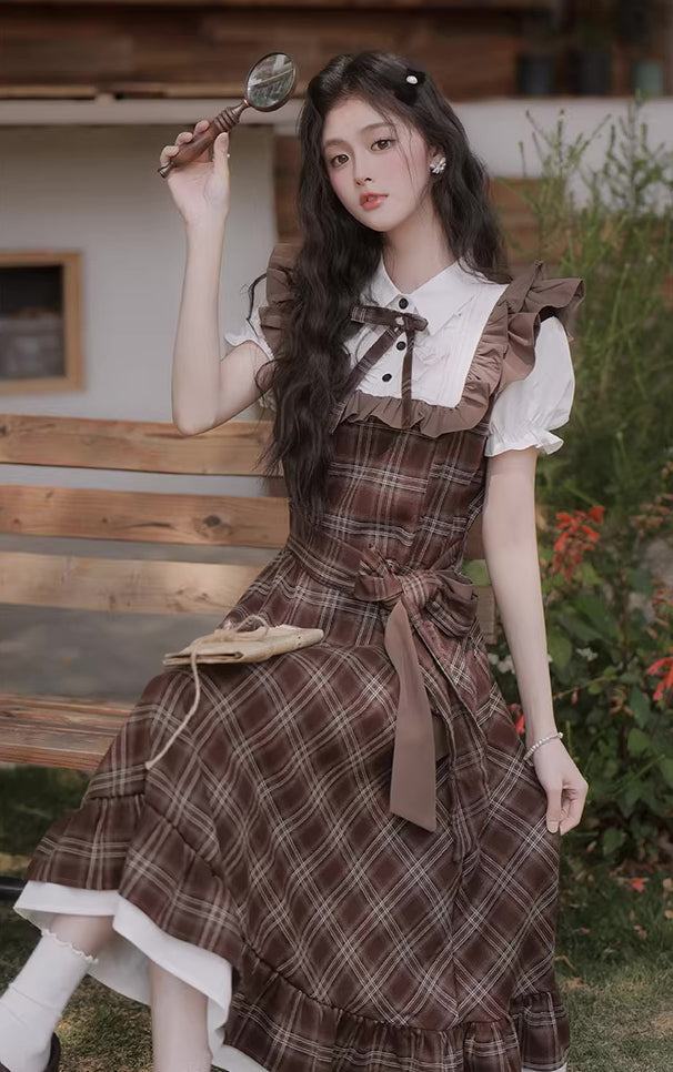 Hazel Plaid Flutter Twofer Midi Dress (Brown)