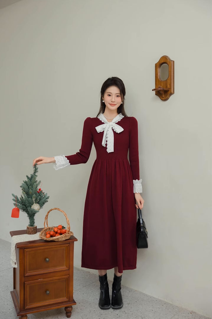 Lace Trim Sweater Midi Dress (2 Colors) Red Lace Trim Sweater Midi Dress (2 Colors) Red