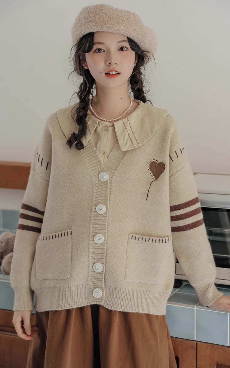 Stitched Up Heart Cardigan (Khaki)