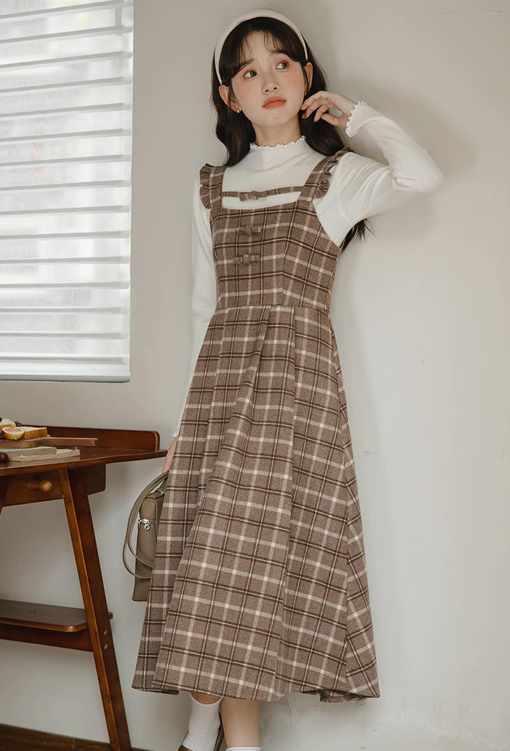 Cocoa Plaid Flutter Cami Dress (Brown)