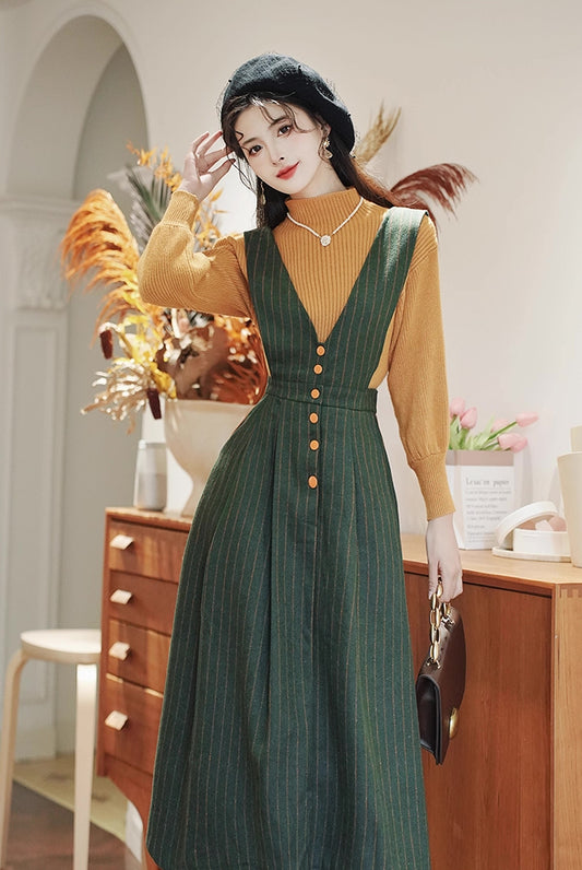 Gingko Stripe Pinafore & Sweater Set (Mustard/Green)