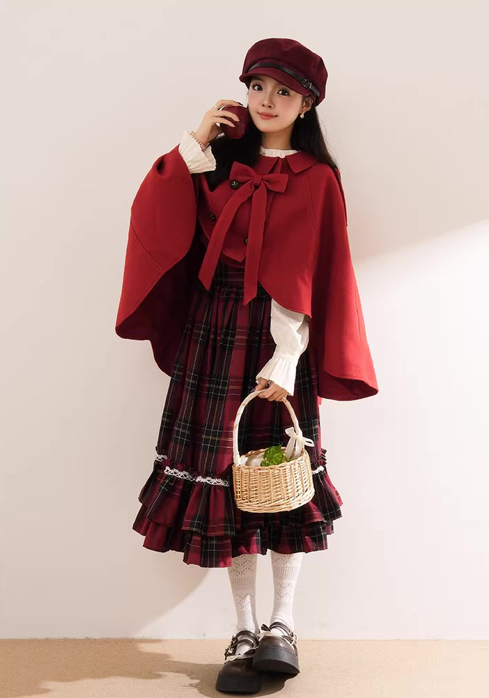 Red Riding Hood Plaid Midi Dress & Capelet (Red)