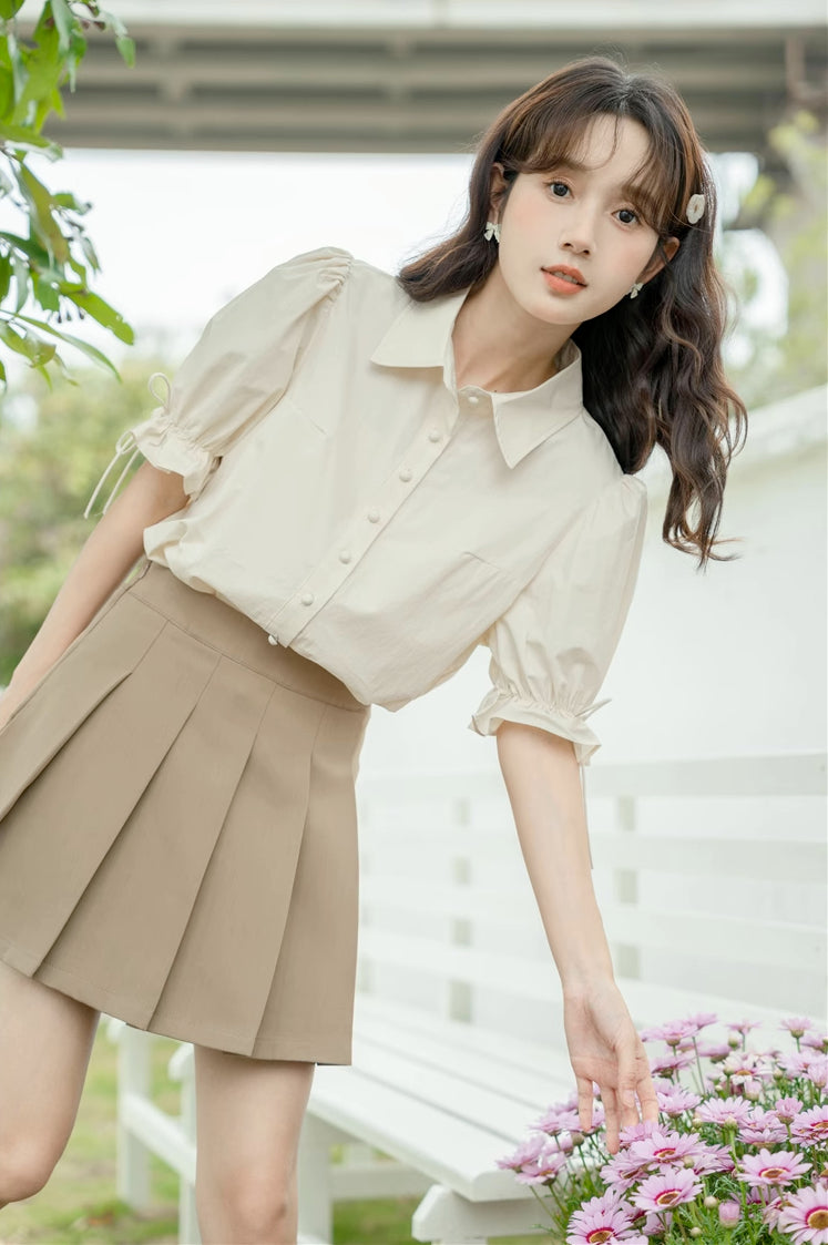 Basic Frilly Puff Sleeve Blouse (Cream)