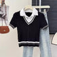 Knitted Polo Cropped Twofer Blouse (5 Colors)