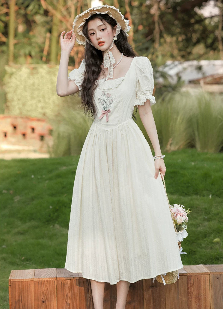Cottage Flower Midi Dress (Cream)