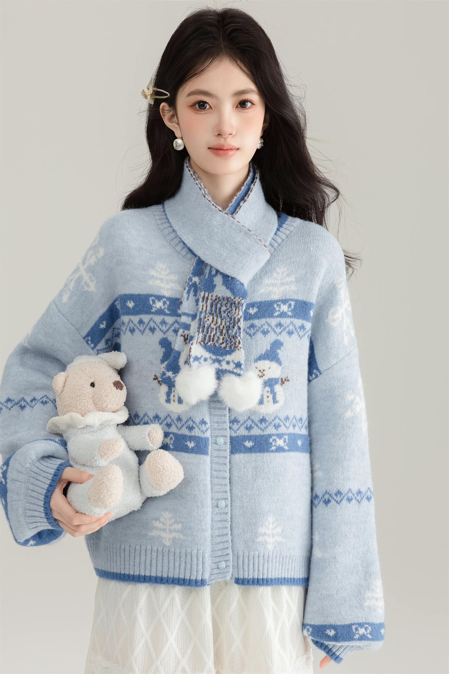 Snowy Snowman Fair Isle Cardigan (Blue)