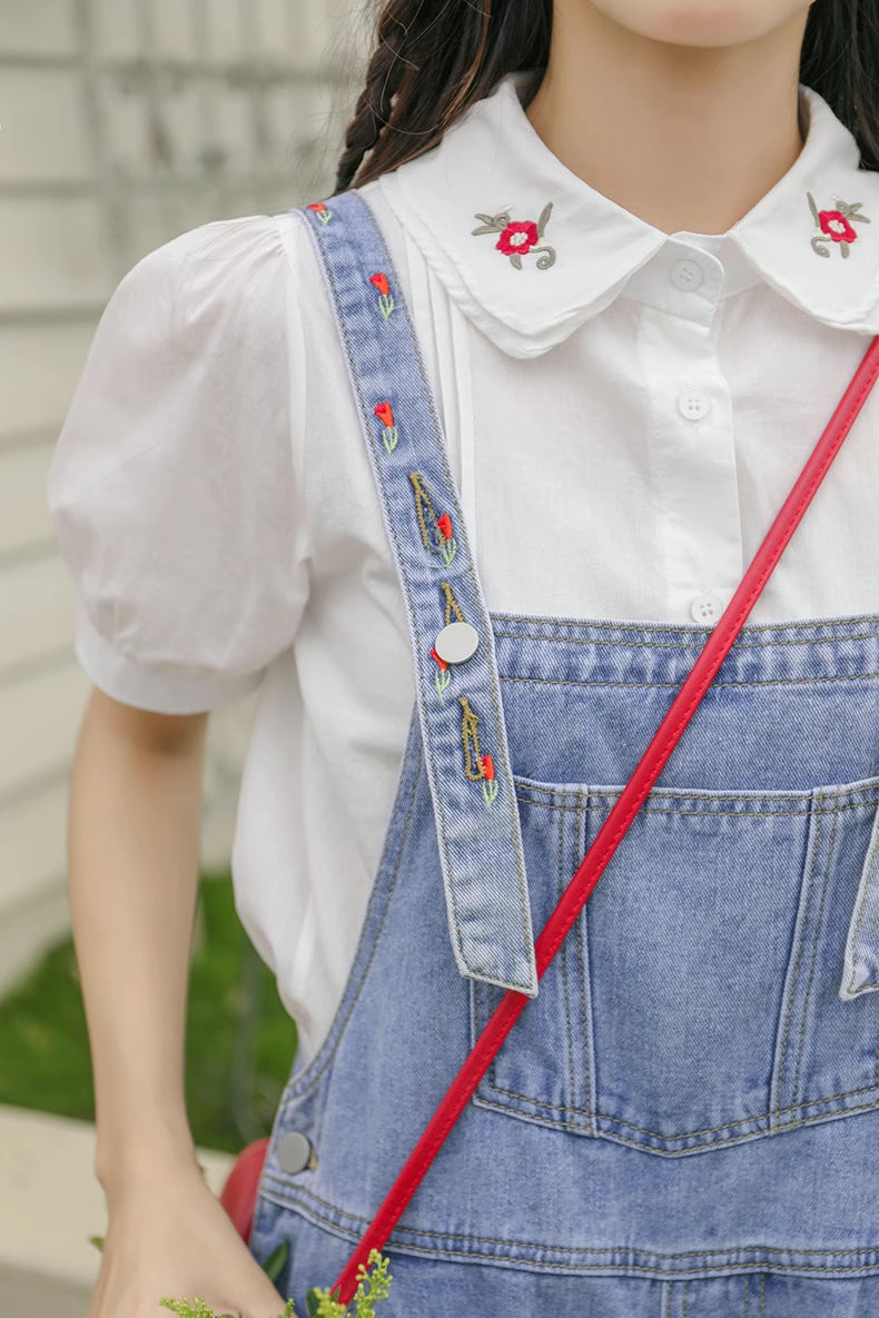 Rosy Days Embroidered Short Overalls (Light Denim)