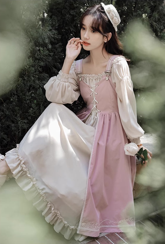 Two-Piece Corset Peasant Dress (Pink/Cream)