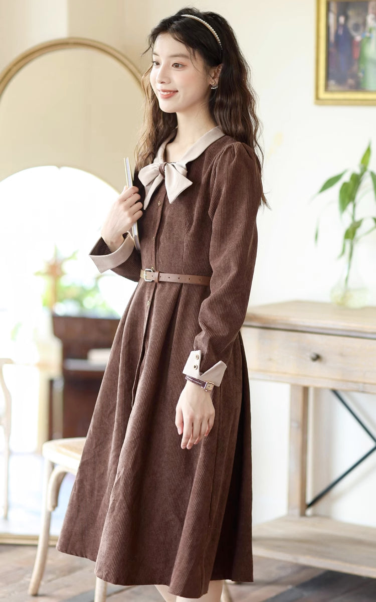 Bow Collar Corduroy Button Down Dress (Chocolate)