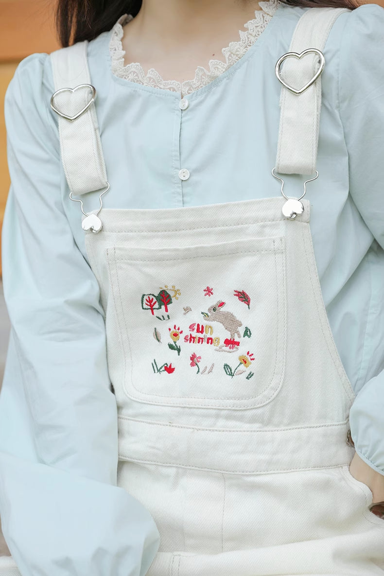 Sun Shining Embroidered Overalls (White)