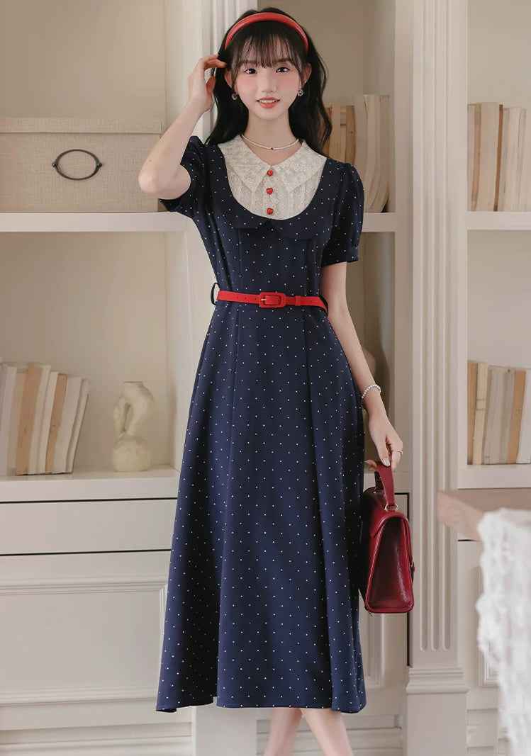 Miss Americana Polka Dot Midi Dress (Navy)