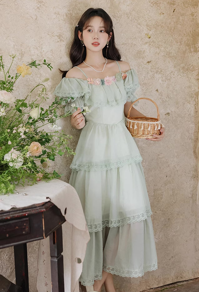 Garden Fairy Tiered Cold Shoulder Midi Dress (Mint Green)